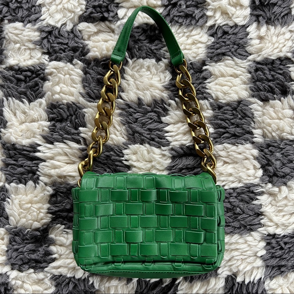 Zara real leather green Bottega style woven shoulder bag gold chain strap